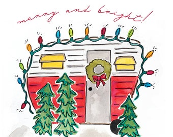 Merry & Bright Camper Card - christmas, holiday, lights, tree, cute, kitschy, trailer, camping, rv, wreath, watercolor, hand made, paint