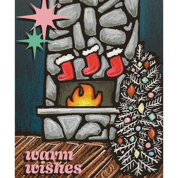 Midcentury Mantel Holiday Card - Christmas, fireplace, stockings, aluminum tree, starburst, hand drawn, chalk art, chalk board, retro