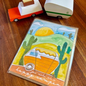 You Make Me a Happy Camper Greeting Card - rv, camping, cactus, desert, sun, vintage, retro, kitschy, midcentury, saguaro, hand paint