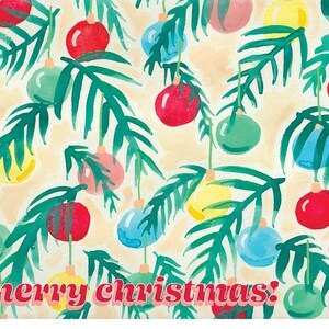 Festive Ornaments Christmas Card - tree, bough, pine, spruce, retro, kitsch, bauble, holiday, watercolor, hand paint, hand made