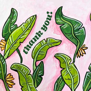 Banana Leaf Thank You Greeting Card - water color, leaves, pink, bird of paradise, martinique, beverly hills hotel, floral, jungle