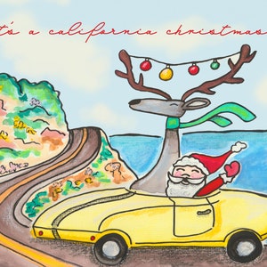 California Christmas Card - santa, reindeer, lights, ornament, pch, highway, convertible, coast, pacific, watercolor, hand made, paint