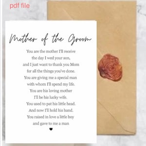 Poema imprimible para la madre del novio, obsequio considerado de la novia, tarjeta de boda para la suegra, recuerdo de boda, obsequio para la suegra, tarjeta para los suegros