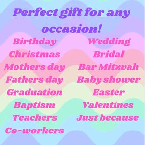 May include: A pastel-colored graphic with the text "Perfect gift for any occasion!" followed by a list of gift-giving events, including birthdays, weddings, and graduations. The text is in shades of pink and purple.