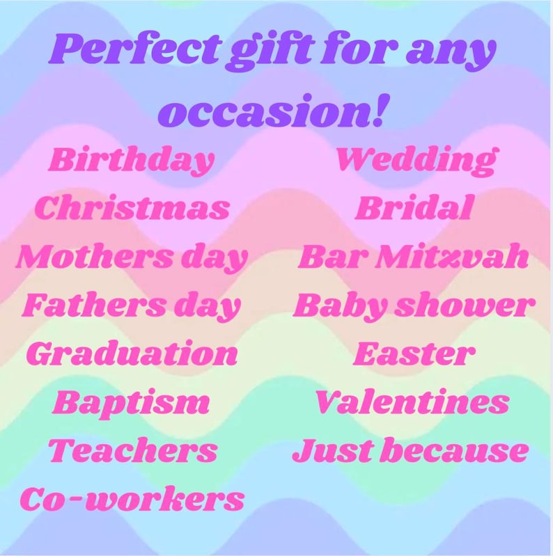 May include: A pastel-colored graphic with the text "Perfect gift for any occasion!" followed by a list of gift-giving events, including birthdays, weddings, and graduations. The text is in shades of pink and purple.