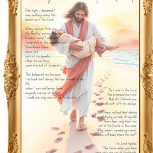 Footprints In The Sand, Christian Wall Art, Footprints In Sand, Footprints Poem, Digital Download, Watercolor Beach