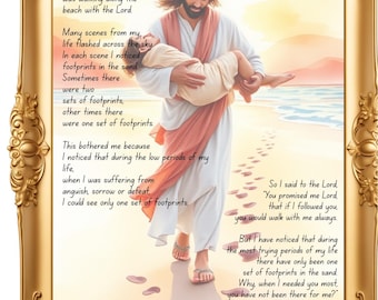 Footprints in the Sand Poem: Christian Watercolor Beach Art (Digital Download) Bible verse art, Bible verse gifts, poem wall art printable