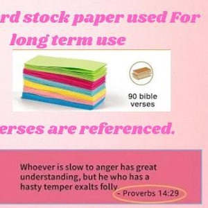 May include: A stack of colorful card stock paper in shades of green, pink, yellow, blue, and turquoise. The image includes text that says "card stock paper used for long term use" and "verses are referenced."