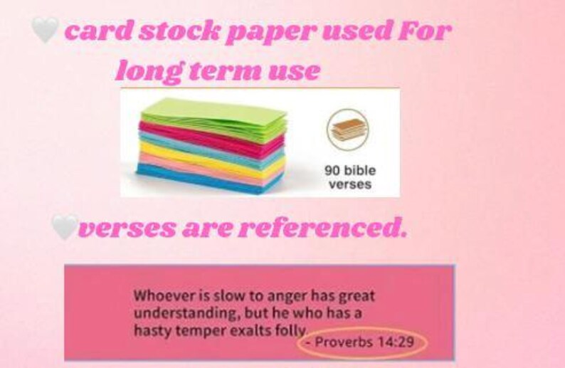 May include: A stack of colorful card stock paper in shades of green, pink, yellow, blue, and turquoise. The image includes text that says "card stock paper used for long term use" and "verses are referenced."