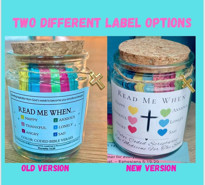 May include: Two glass jars with cork lids and gold cross charms. Each jar contains colorful paper strips and labels with the text "Read Me When..." and various emotions. One label says "Color Coded Bible Verses."