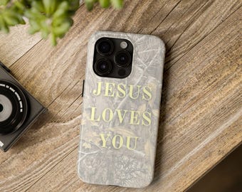 Faith-Inspired Camouflage Phone Case, Jesus Loves You in Light Yellow, Christian Iphone Case