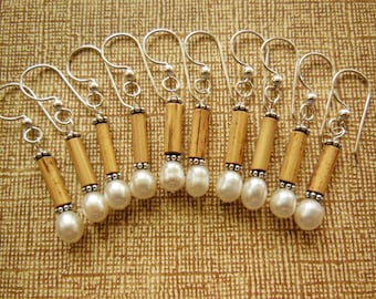 Kauai Bamboo Jewelry - Hawaiian Bamboo and White Pearl with Silver Earrings