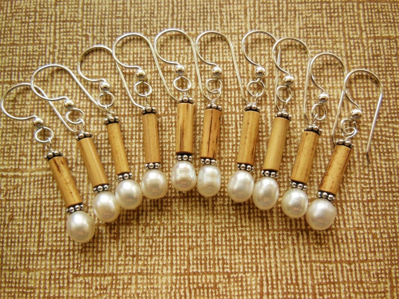 Kauai Bamboo Jewelry Hawaiian Bamboo and White Pearl with Silver Earrings image 1