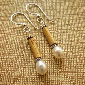 Kauai Bamboo Jewelry Hawaiian Bamboo and White Pearl with Silver Earrings image 2