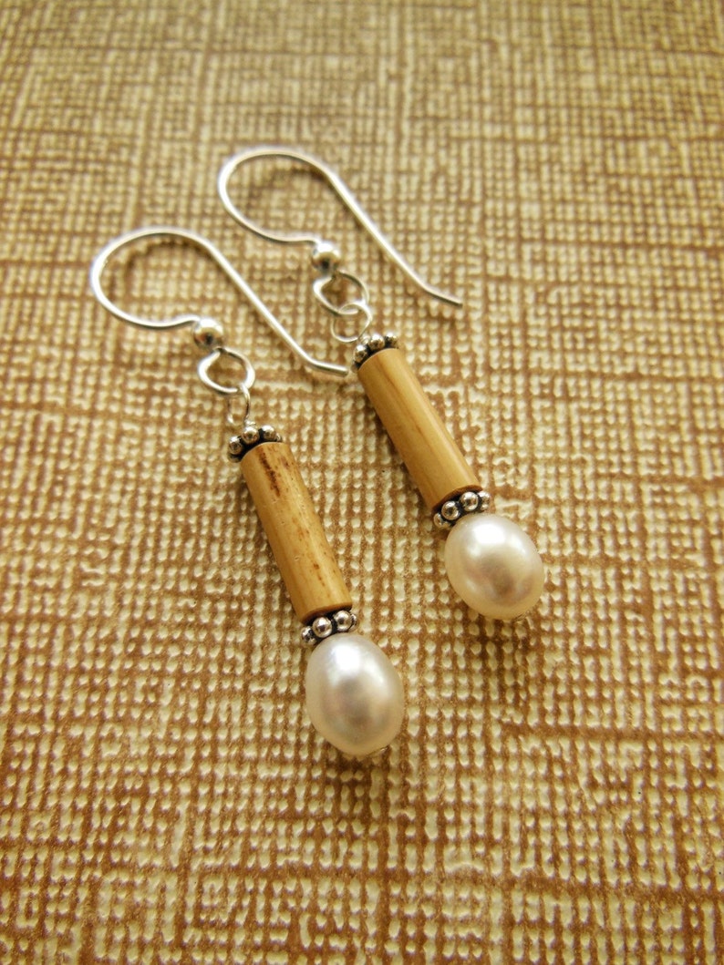 Kauai Bamboo Jewelry Hawaiian Bamboo and White Pearl with Silver Earrings image 2