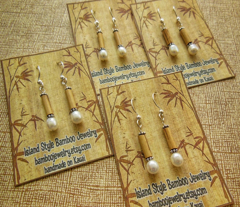 Kauai Bamboo Jewelry Hawaiian Bamboo and White Pearl with Silver Earrings image 4