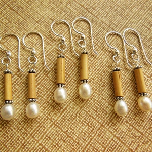 Kauai Bamboo Jewelry Hawaiian Bamboo and White Pearl with Silver Earrings image 3