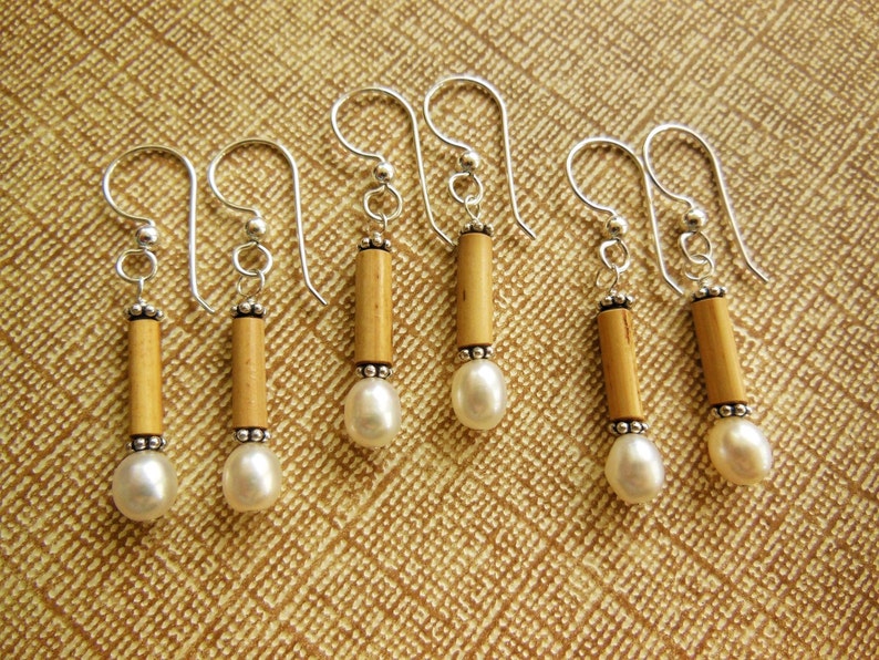 Kauai Bamboo Jewelry Hawaiian Bamboo and White Pearl with Silver Earrings image 3