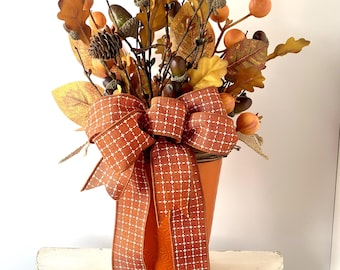 Fall Branches & Berries in Orange Vase Arrangement, Autumn Home Decor