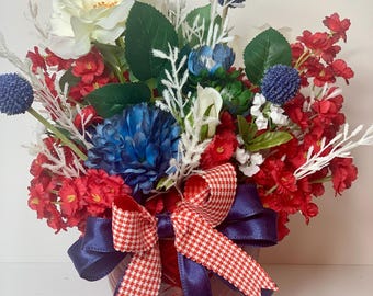 Red, White and Blue Flower Arrangement, White Roses, Blue Mums, Patriotic Decor