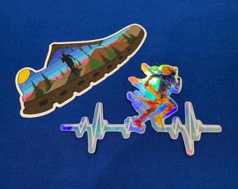 MISC Runner shoe art and Running Heartbeat art blend die-cut Vinyl matte/holographic glossy stickers combo