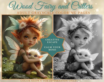 Woodland Fairies Coloring Book | Fantasy Grayscale Pages | Critters & Wood Art Digital Download