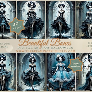 30 Wunderschöne Knochen Skelett Print Serie | Halloween Digitale Kunst | Sofortdownload | Druckbare Halloween Gothic Hexe Scrapbook Kartenpapier