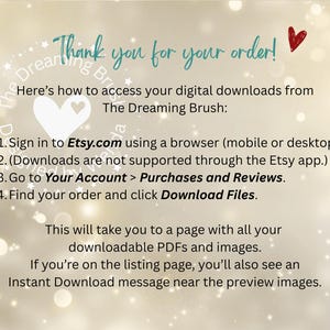 May include: A digital download instruction card with a soft, blurred background. Text includes "Thank you for your order!" and instructions on how to access digital downloads from Etsy, including Etsy.com, Your Account, and Download Files.