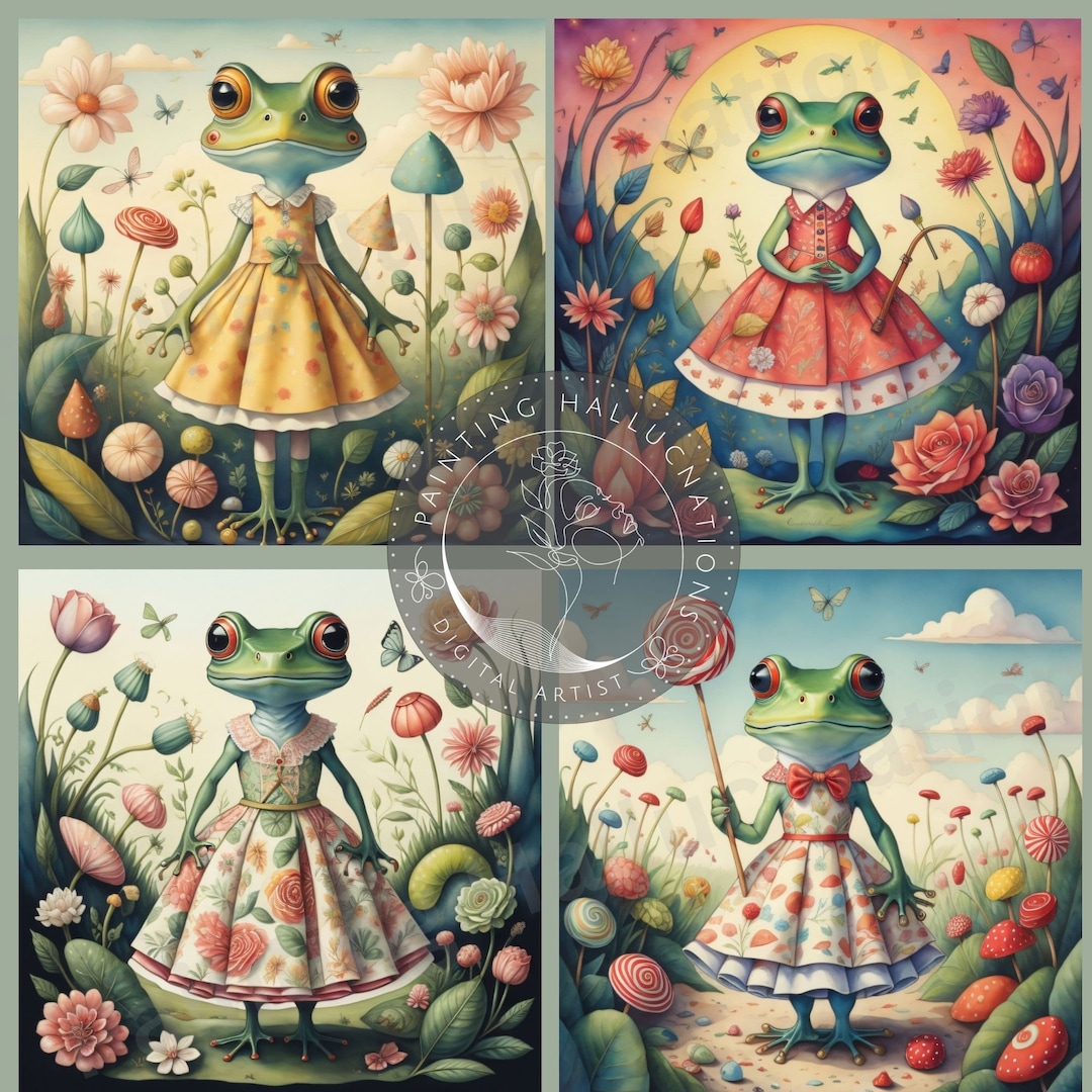 4 PRINTABLE Frogs in Dresses Watercolor Party Prints for Wall Etsy