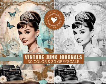Audrey Hepburn Vintage Junk Journal Pages | Hollywood Glamour Collage | Grayscale Coloring | Digital Download
