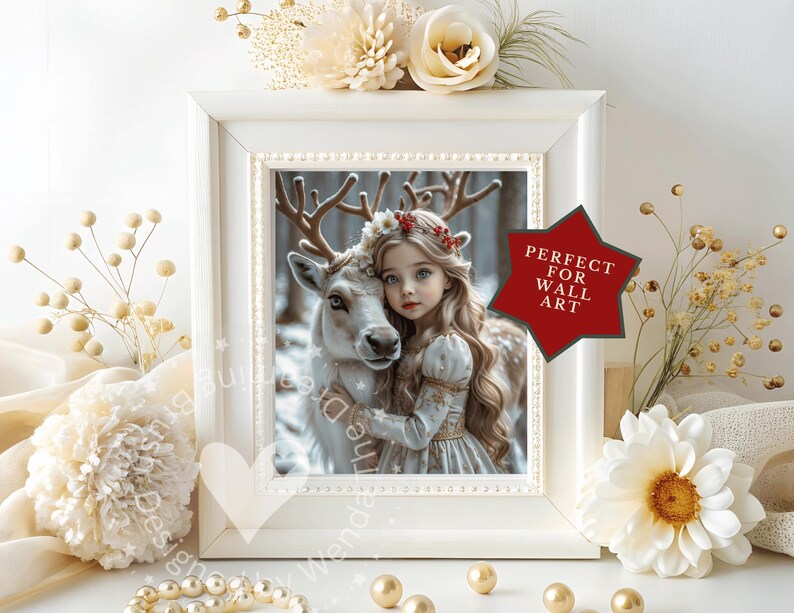May include: A framed print featuring a young girl with long blonde hair and a reindeer. The girl wears a light blue dress and a floral crown. The print is in a white frame with a decorative border. A red star-shaped sticker reads "PERFECT FOR WALL ART".