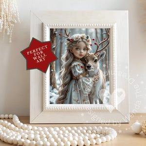 May include: A framed print featuring a young girl with long blonde hair and a deer in a snowy forest. The print is in a white frame with a beaded border. A red star-shaped graphic reads "PERFECT FOR WALL ART".
