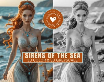 Sirens of the Sea Fantasy Nautical Art for Junk Journals, Digital Coloring, Scrapbooking, Coloring Book
