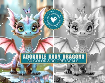 Libro de adorables dragones bebés (2 archivos JPG) / Diario basura caprichoso, álbum de recortes, libro para colorear