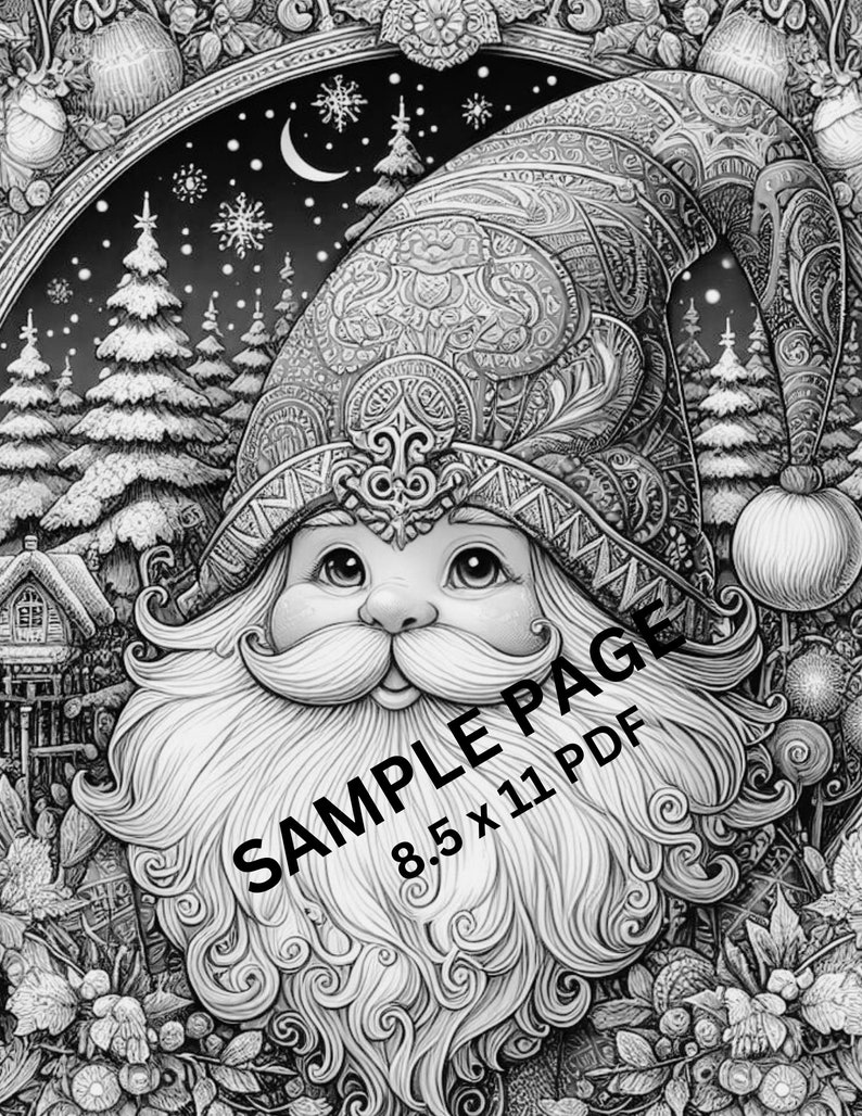 May include: A black and white illustration of a whimsical Christmas gnome with a large, ornate hat. The gnome is surrounded by a detailed border of wintery foliage and snowflakes. The text "SAMPLE PAGE 8.5 x 11 PDF" is printed on the image.