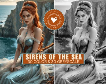 Dibujos para colorear de sirenas tropicales: Sirenas del mar, ilustraciones de arte fantástico (Descarga PDF)