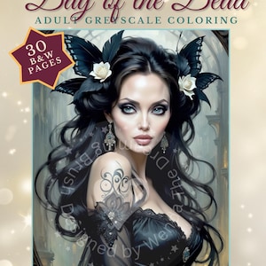 30 Day of the Dead Coloring Pages, Fairies Coloring Book, Gnome, Witch, Elf, Fantasy Grayscale Halloween for Adults & Kids Print Pdf