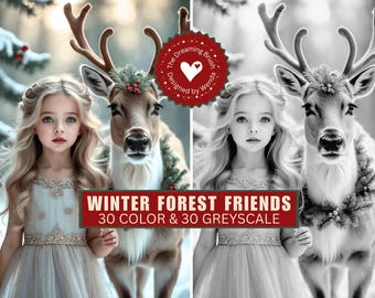 Santa Christmas Reindeer Art, Snowy Winter Forest Friends, Junk Journal, Woodland Animals, Holiday Coloring Book