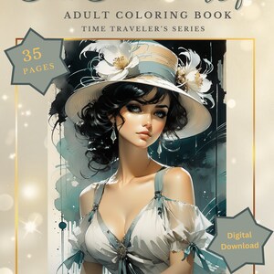34 strony w odcieniach szarości z podróży w czasie – kolorowanka fantasy romans dla dorosłych, do wydrukowania w formacie PDF, moda vintage i fantazyjne sceny