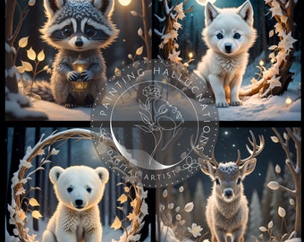 Woodland Baby Animal Set with Ferret, Raccoon, Deer, Bear. 4 Printable Posters for Wall Art. Nursery Décor & Prints, Scrapbook, Junk Journal