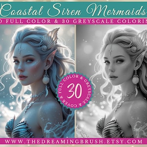 Coastal Siren Mermaids – 30 Grayscale Coloring Pages + 30 Color Ocean Art, Mermaid Coloring PDF, Fantasy Printable Kit, Instant Download