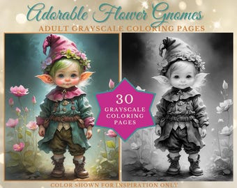 Gnomes Coloring Book – 30 Grayscale Pages for Adults, Fantasy Printable PDF Digital Download
