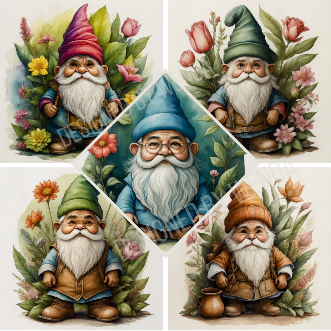 5 PRINTABLE Spring Garden Gnomes Instant Digital Download Wall Art ...