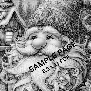 May include: A black and white illustration of a gnome with a long white beard and a detailed hat. The gnome is looking to the right and has a friendly expression. The background is a snowy forest scene with a small house and a Christmas tree.