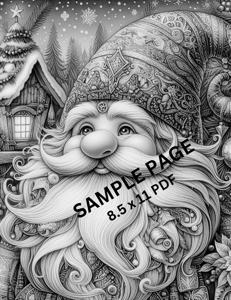 May include: A black and white illustration of a gnome with a long white beard and a detailed hat. The gnome is looking to the right and has a friendly expression. The background is a snowy forest scene with a small house and a Christmas tree.