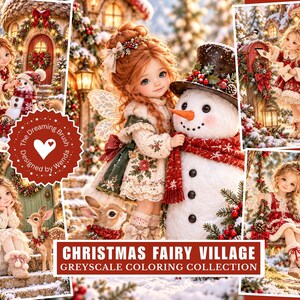 Peut inclure: Une collection de coloriage numérique intitulée Christmas Fairy Village Greyscale Coloring Collection, présentant plusieurs illustrations d'une fée aux cheveux roux et aux ailes interagissant avec des bonhommes de neige, un cerf et une boîte aux lettres.