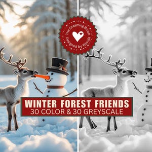 May include: A winter scene featuring a reindeer and a snowman in a snowy forest. The reindeer is eating a carrot from the snowman's mouth. The image includes the text "WINTER FOREST FRIENDS 30 COLOR & 30 GREYSCALE".