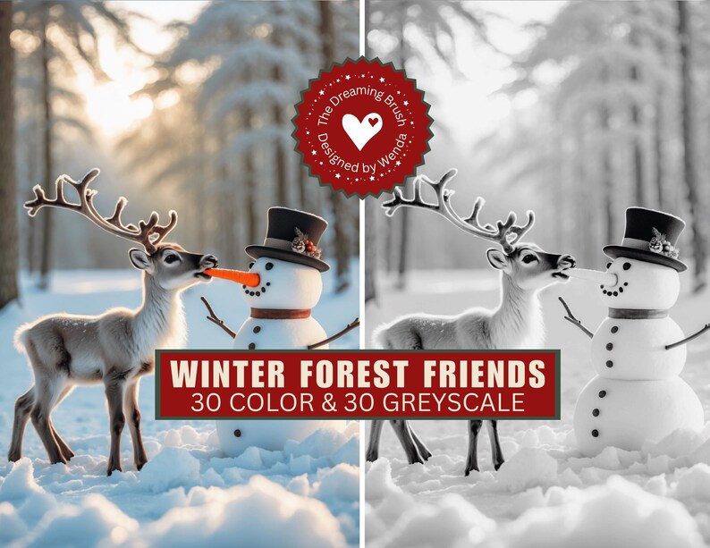May include: A winter scene featuring a reindeer and a snowman in a snowy forest. The reindeer is eating a carrot from the snowman's mouth. The image includes the text "WINTER FOREST FRIENDS 30 COLOR & 30 GREYSCALE".
