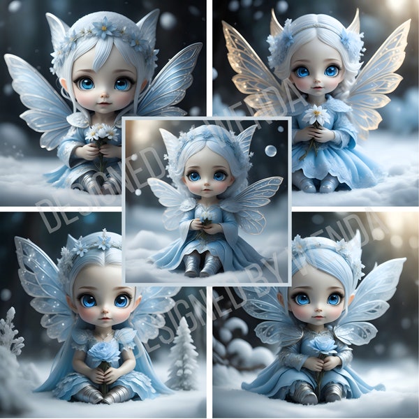 5 Winter's Snow Fairy designs in cool blue, a Captivating Christmas Tale in Breathtaking Images, digital download art, Enchanting Christmas