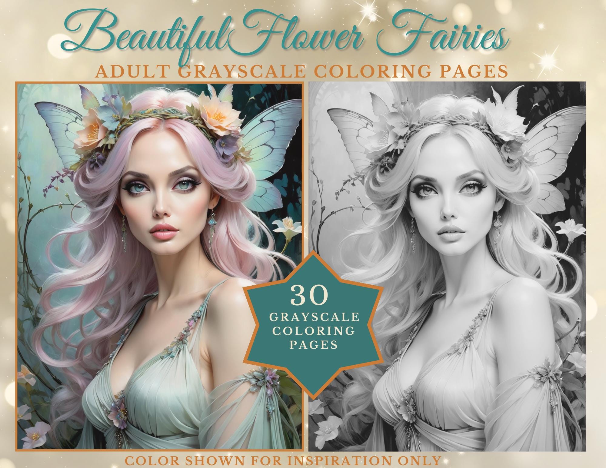 Blumen-Feen Malbuch: 30 Fantasy Portraits in Graustufen (PDF Download)